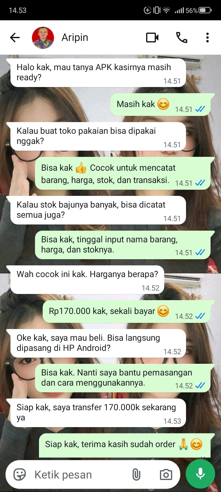 Bukti Chat & Transfer Aripin